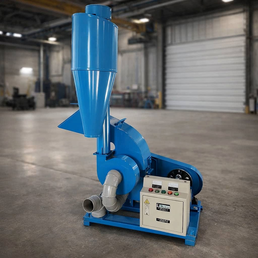 Electric hammer mill for biomass grinding up to 700 kg per hour - MKH420C-C related product image - PHA+RWxlY3RyaWMgaGFtbWVyIGJpb21hc3MgbWlsbCA8c3Ryb25nPk1LSDQyMEMtQzwvc3Ryb25nPiB3aXRoIDxzdHJvbmc+MTEga1cgbW90b3I8L3N0cm9uZz4gYW5kIHVwIHRvIDxzdHJvbmc+NzAwIGtnL2ggY2FwYWNpdHk8L3N0cm9uZz4sIGRlc2lnbmVkIHRvIGdyaW5kIGRyeSBiaW9tYXNzIGludG8gZmluZSBwYXJ0aWNsZXMgd2l0aCBjZW50cmlmdWdhbCBmYW4gZXh0cmFjdGlvbiBhbmQgY3ljbG9uZSBzeXN0ZW0gZm9yIGNsZWFuZXIgb3BlcmF0aW9uLjwvcD4=