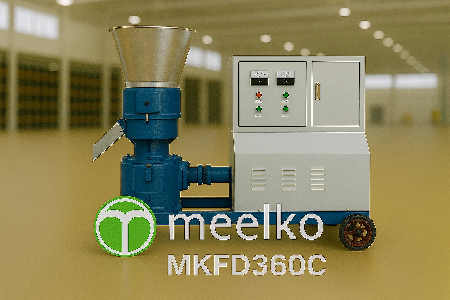 Pellet Mill 360mm Electric for Animal Feed. related product image - VGhlIE1lZWxrbyBNS0ZEMzYwQyBlbGVjdHJpYyBwZWxsZXQgbWlsbCBmZWF0dXJlcyBhIDM2MCBtbSBkaWUgYW5kIDIyIGtXIG1vdG9yIHRvIHByb2R1Y2UgYW5pbWFsIGZlZWQgcGVsbGV0cyBhdCA2ODAgdG8gODIwIGtnIHBlciBob3VyLiBJdCBwcm9jZXNzZXMgYWxmYWxmYSwgcGFzdHVyZXMsIGZvcmFnZXMsIGFuZCByYXcgbWF0ZXJpYWwgYmxlbmRzIHdpdGggaGlnaCBlZmZpY2llbmN5IGFuZCBjb25zaXN0ZW50IHBlbGxldCBxdWFsaXR5Lg==
