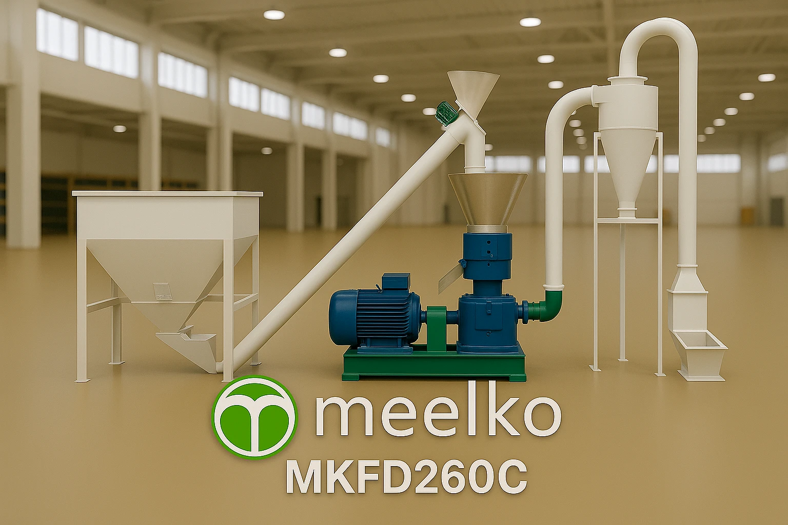 Pellet Plant 300 kg/h – Efficient and Versatile Production related product image - VGhlIE1lZWxrbyAzMDAga2cvaCBwZWxsZXQgcGxhbnQgaXMgYSBjb21wbGV0ZSBwcm9kdWN0aW9uIGxpbmUgdGhhdCBpbmNsdWRlcyBhIGhhbW1lciBtaWxsLCBtaXhlciwgcGVsbGV0aXplciwgY29vbGVyIGFuZCBwYWNraW5nIG1hY2hpbmUgdG8gbWFudWZhY3R1cmUgYW5pbWFsIGZlZWQsIHdvb2QgYW5kIGJpb21hc3MgcGVsbGV0cyB3aXRoIGhpZ2ggZGVuc2l0eSBhbmQgdW5pZm9ybSBxdWFsaXR5Lg==